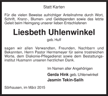 Traueranzeige von Liesbeth Uhlenwinkel von KRZ