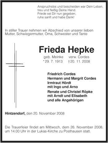 Traueranzeige von Frieda Hepke von KREISZEITUNG SYKE