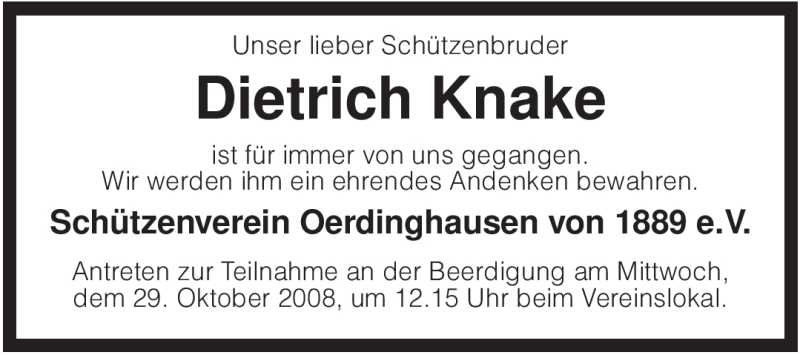  Traueranzeige für Dietrich Knake vom 28.10.2008 aus KREISZEITUNG SYKE