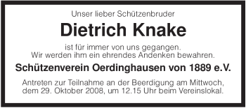 Traueranzeige von Dietrich Knake von KREISZEITUNG SYKE