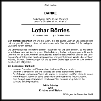 Traueranzeige von Lothar Börries von KREISZEITUNG SYKE