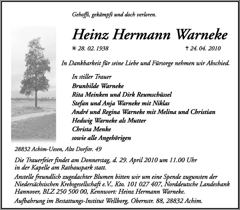  Traueranzeige für Heinz Hermann Warneke vom 27.04.2010 aus KREISZEITUNG SYKE