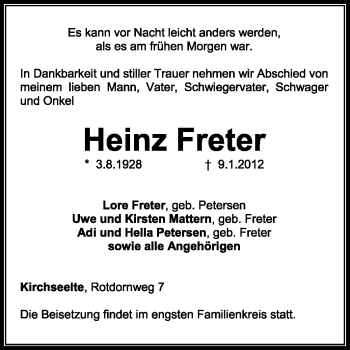 Traueranzeige von Heinz Freter von KREISZEITUNG SYKE