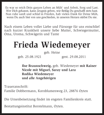 Traueranzeige von Frieda Wiedemeyer von KREISZEITUNG SYKE