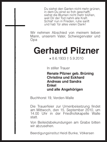 Traueranzeige von Gerhard Pilzner von KREISZEITUNG SYKE