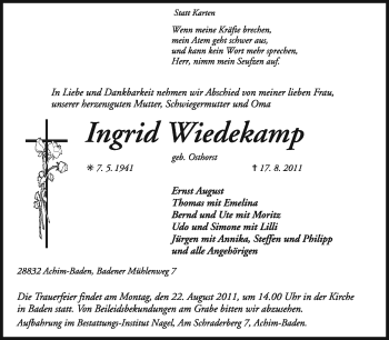 Traueranzeige von Ingrid Wiedekamp von KREISZEITUNG SYKE