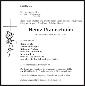 Traueranzeige von Heinz Pramschüfer von KREISZEITUNG SYKE