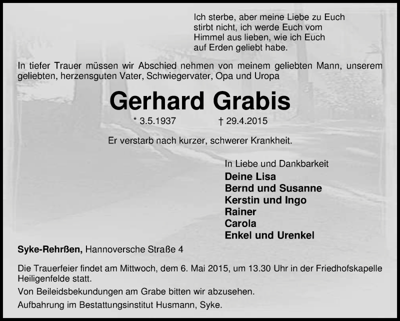  Traueranzeige für Gerhard Grabis vom 02.05.2015 aus KRZ