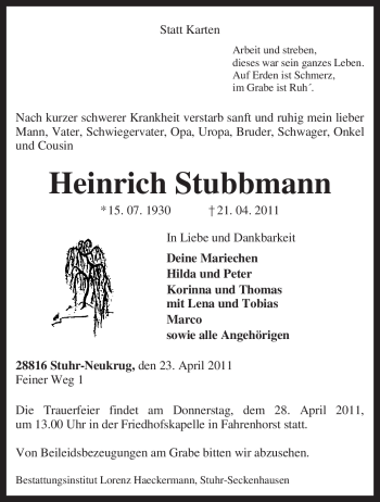 Traueranzeige von Heinrich Stubbmann von KREISZEITUNG SYKE