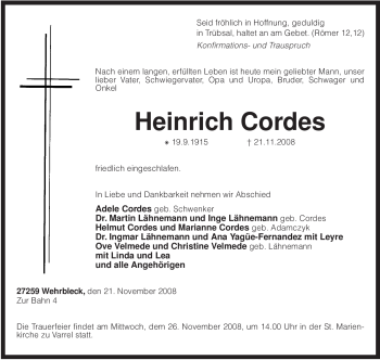 Traueranzeige von Heinrich Cordes von KREISZEITUNG SYKE