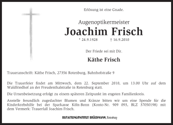 Traueranzeige von Joachim Frisch von KREISZEITUNG SYKE