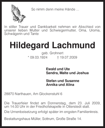 Traueranzeige von Hildegard Lachmund von KREISZEITUNG SYKE