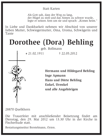 Traueranzeige von Dorothee Behling von KREISZEITUNG SYKE