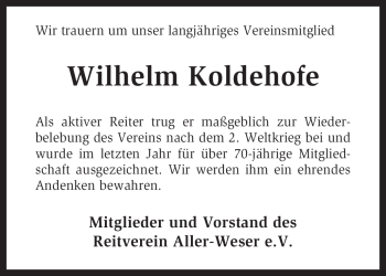 Traueranzeige von Wilhelm Koldehofe von KREISZEITUNG SYKE