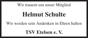 Traueranzeige von Helmut Schulte von KREISZEITUNG SYKE