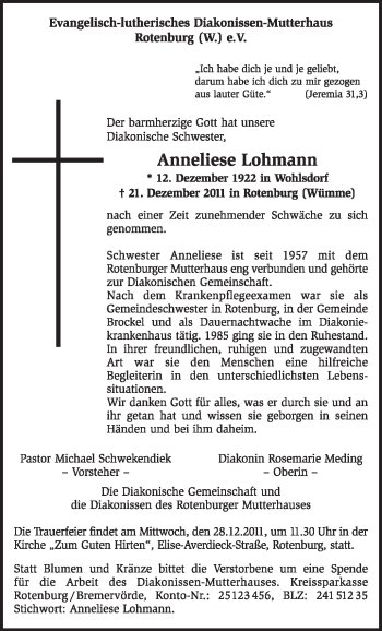 Traueranzeige von Anneliese Lohmann von KREISZEITUNG SYKE
