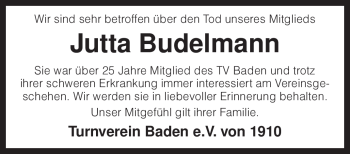 Traueranzeige von Jutta Budelmann von KREISZEITUNG SYKE