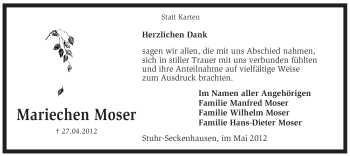 Traueranzeige von Mariechen Moser von KREISZEITUNG SYKE