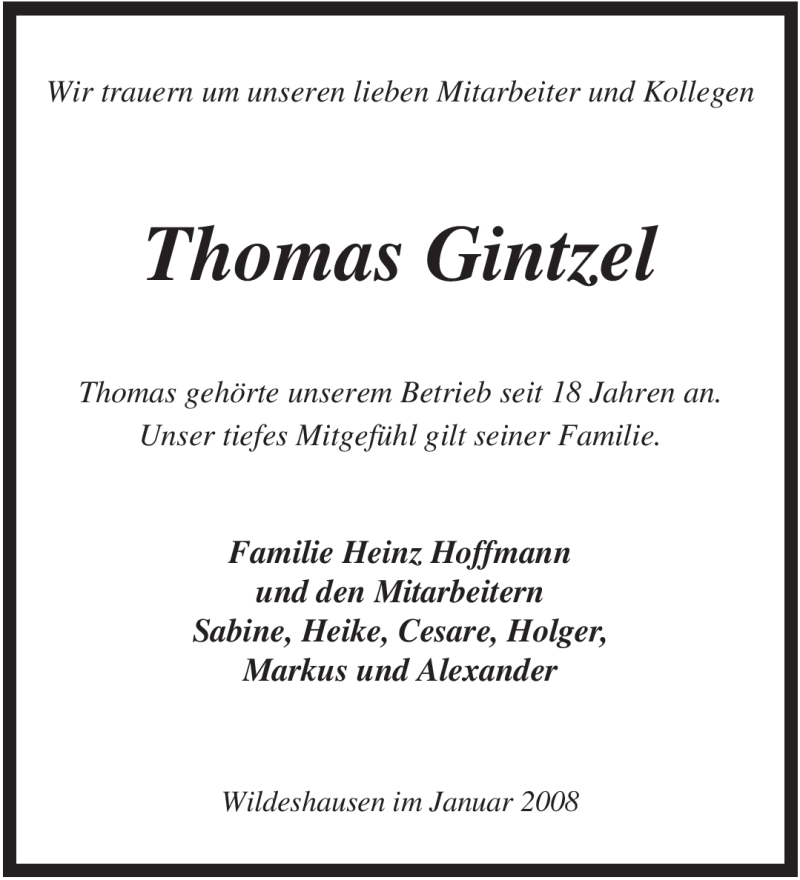  Traueranzeige für Thomas Gintzel vom 08.01.2009 aus KREISZEITUNG SYKE