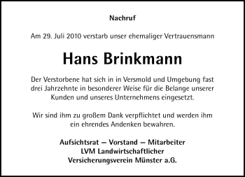 Traueranzeige von Hans Brinkmann von KREISZEITUNG SYKE