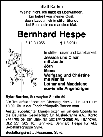 Traueranzeige von Bernhard Hespe von KREISZEITUNG SYKE