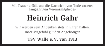 Traueranzeige von Heinrich Gahr von KREISZEITUNG SYKE