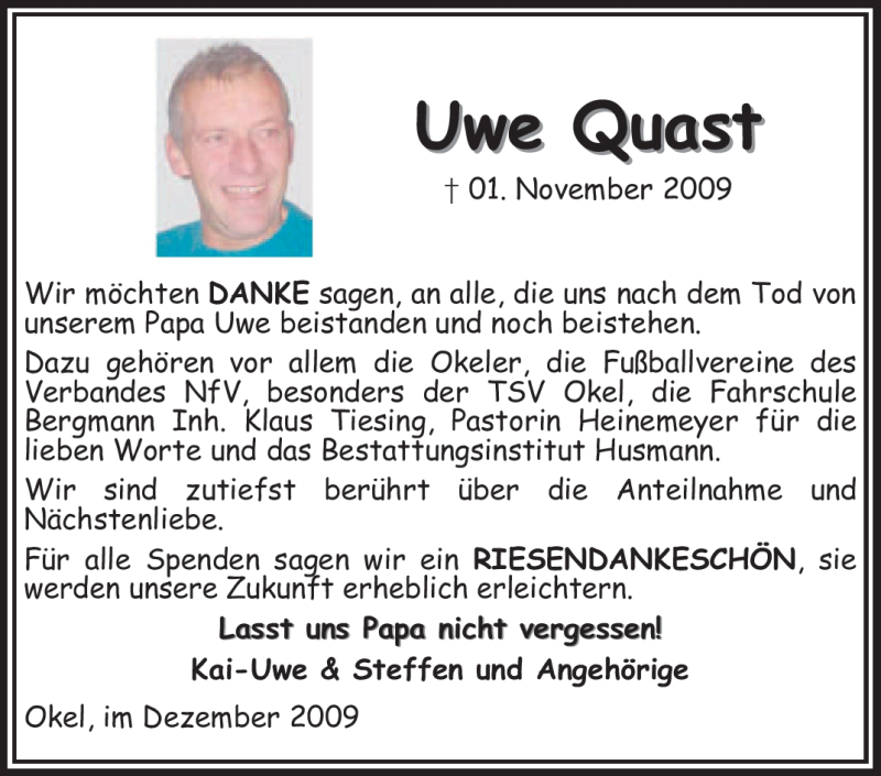  Traueranzeige für Uwe Quast vom 12.12.2009 aus KREISZEITUNG SYKE