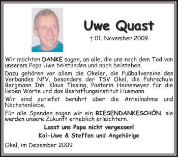 Traueranzeige von Uwe Quast von KREISZEITUNG SYKE