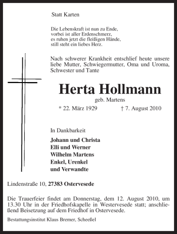 Traueranzeige von Herta Hollmann von KREISZEITUNG SYKE