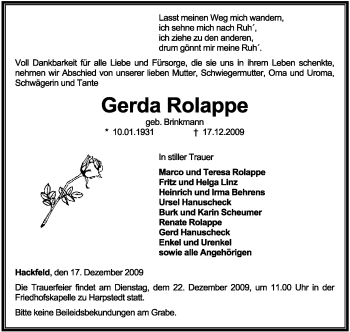 Traueranzeige von Gerda Rolappe von KREISZEITUNG SYKE