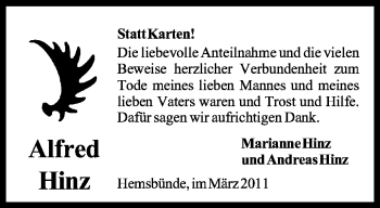 Traueranzeige von Alfred Hinz von KREISZEITUNG SYKE