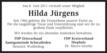 Traueranzeige von Hilda Jürgens von KREISZEITUNG SYKE