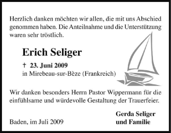 Traueranzeige von Erich Seliger von KREISZEITUNG SYKE