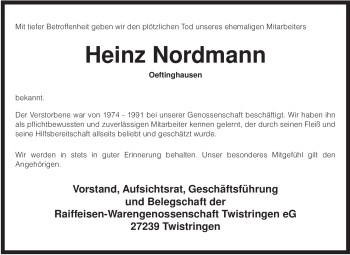 Traueranzeige von Heinz Nordmann von KREISZEITUNG SYKE