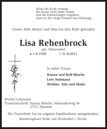 Traueranzeige von Lisa Rehenbrock von KREISZEITUNG SYKE