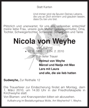 Traueranzeige von Nicola von Weyhe von KREISZEITUNG SYKE