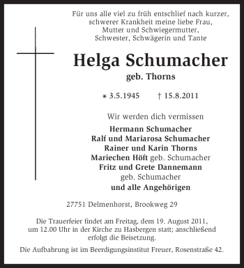 Traueranzeige von Helga Schumacher von KREISZEITUNG SYKE