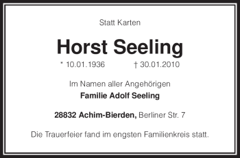 Traueranzeige von Horst Seeling von KREISZEITUNG SYKE