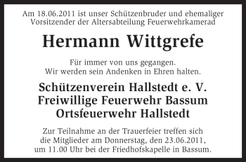 Traueranzeige von Hermann Wittgrefe von KREISZEITUNG SYKE