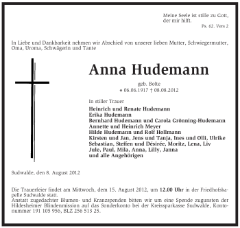 Traueranzeige von Anna Hudemann von KREISZEITUNG SYKE