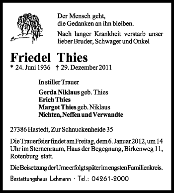 Traueranzeige von Friedel Thies von KREISZEITUNG SYKE