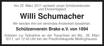 Traueranzeige von Willi Schumacher von KREISZEITUNG SYKE