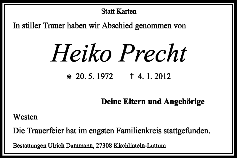  Traueranzeige für Heiko Precht vom 14.01.2012 aus KREISZEITUNG SYKE