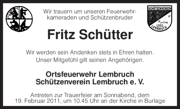 Traueranzeige von Fritz Schütter von KREISZEITUNG SYKE