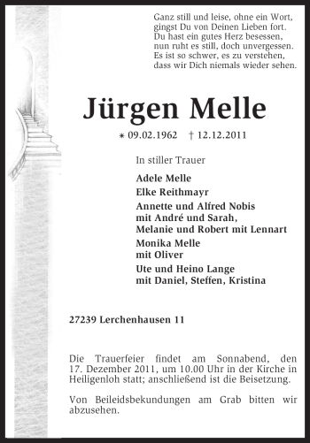 Traueranzeige von Jürgen Melle von KREISZEITUNG SYKE