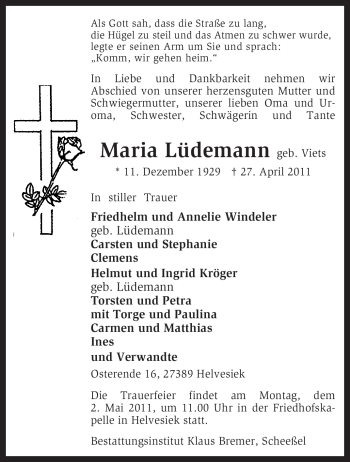 Traueranzeige von Maria Lüdemann von KREISZEITUNG SYKE