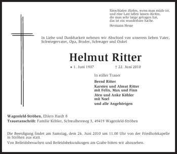 Traueranzeige von Helmut Ritter von KREISZEITUNG SYKE