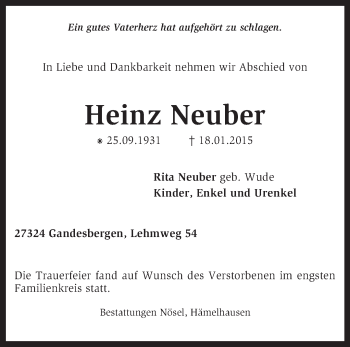 Traueranzeige von Heinz Neuber von KRZ