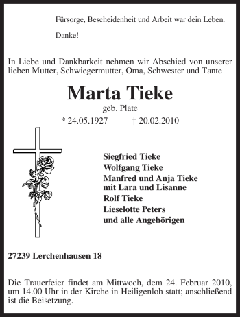 Traueranzeige von Marta Tieke von KREISZEITUNG SYKE