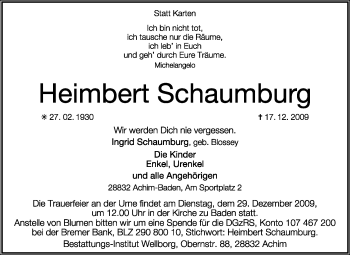 Traueranzeige von Heimbert Schaumburg von KREISZEITUNG SYKE